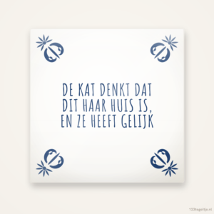 De kat denkt dat dit haar huis is, keramisch tegeltje 15 bij 15 cm